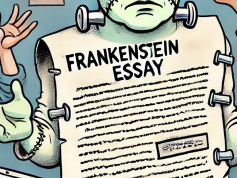 A cartoon illustrating a 'Frankenstein Essay' scenario. A student holding a disjointed essay with visible seams and patches, resembling Frankenstein's monster. Surrounding the student are a roommate, a professor, a premed advisor, a friend, and a parent, all giving conflicting advice. The student looks confused and overwhelmed. The background includes a messy desk with books, notes, and a laptop.